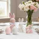 WDS WONDROUS Easter Decorations Set of 5, 3 Flocked Bunny Figurines & 2 Egg Statues, Resin Sculptures Tabletop Decor for Spring Farmhouse Mantel, Pink & White Easter Bunny Gifts, Cute Home Decor