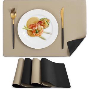MOSAYT Vinyl Placemats Set of 4, Heat Resistant Place Mats 100% Waterproof Washable & Wipeable Faux Leather Reversible Table Mats for Kitchen Dining Party Indoor Outdoor, 12" x 17", Black/Khaki