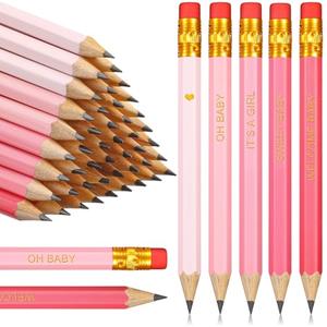 Crtiin 50 Pieces Baby Shower Pencils for Activities Mini Golf Half Pencils, Presharpened with Erasers, 4 Inch(Gradient Pink,Girl Style)