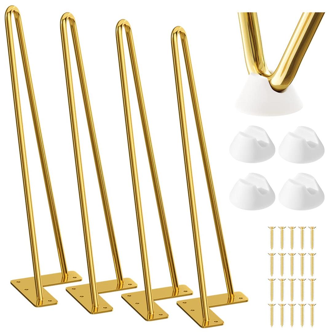 SMARTSTANDARD 16 Inch Hairpin Table Legs, 3 Steel Rods 1/2 Inch Pipe Diameter, 800lbs Load Capacity, Mid-Century Style for Coffee Table, Side Table, Night Stand (Gold, 4PCS)