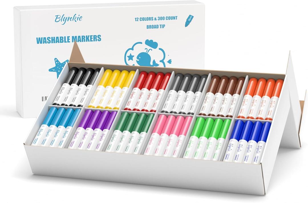 Washable Markers Bulk, Bulk Pack of 300 in 12 Vibrant Colors, Broad Line Markers with Conical Tips- Perfect for Kids' Classrooms & Teachers