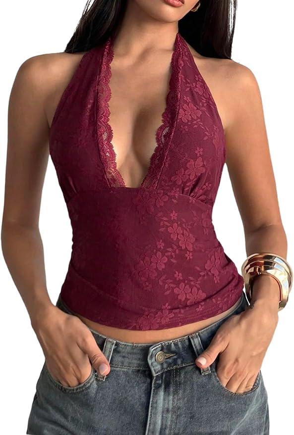 Milumia Women's Floral Lace Deep V Neck Halter Top Sexy Tie Backless Going Out Tank Tops, Small