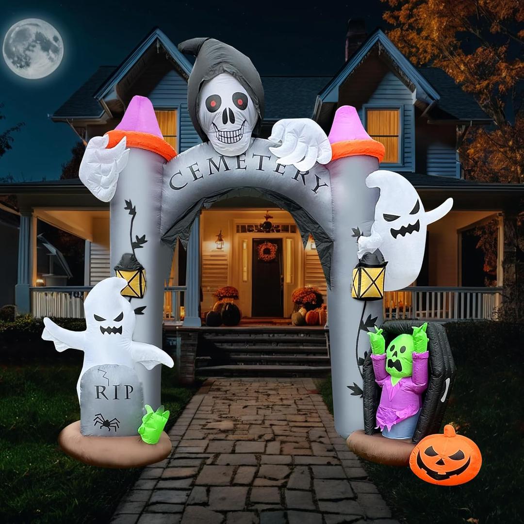 12FT Halloween Inflatable Giant Cemetery Archway with Grim Reaper, Pumpkin and Ghost Spooky Scary Party Blow Up Arch Outdoor Decoration with LED for Graveyard, Garden, Outside Lawn