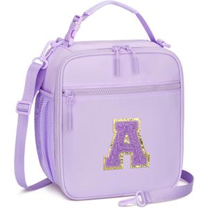 Initial Insulated Lunch Bag for Girls Kids, Back to School Gift, Reusable Leak-proof Lunch Box with Adjustable Strap for School Daycare Travel Picnic (Purple,A)