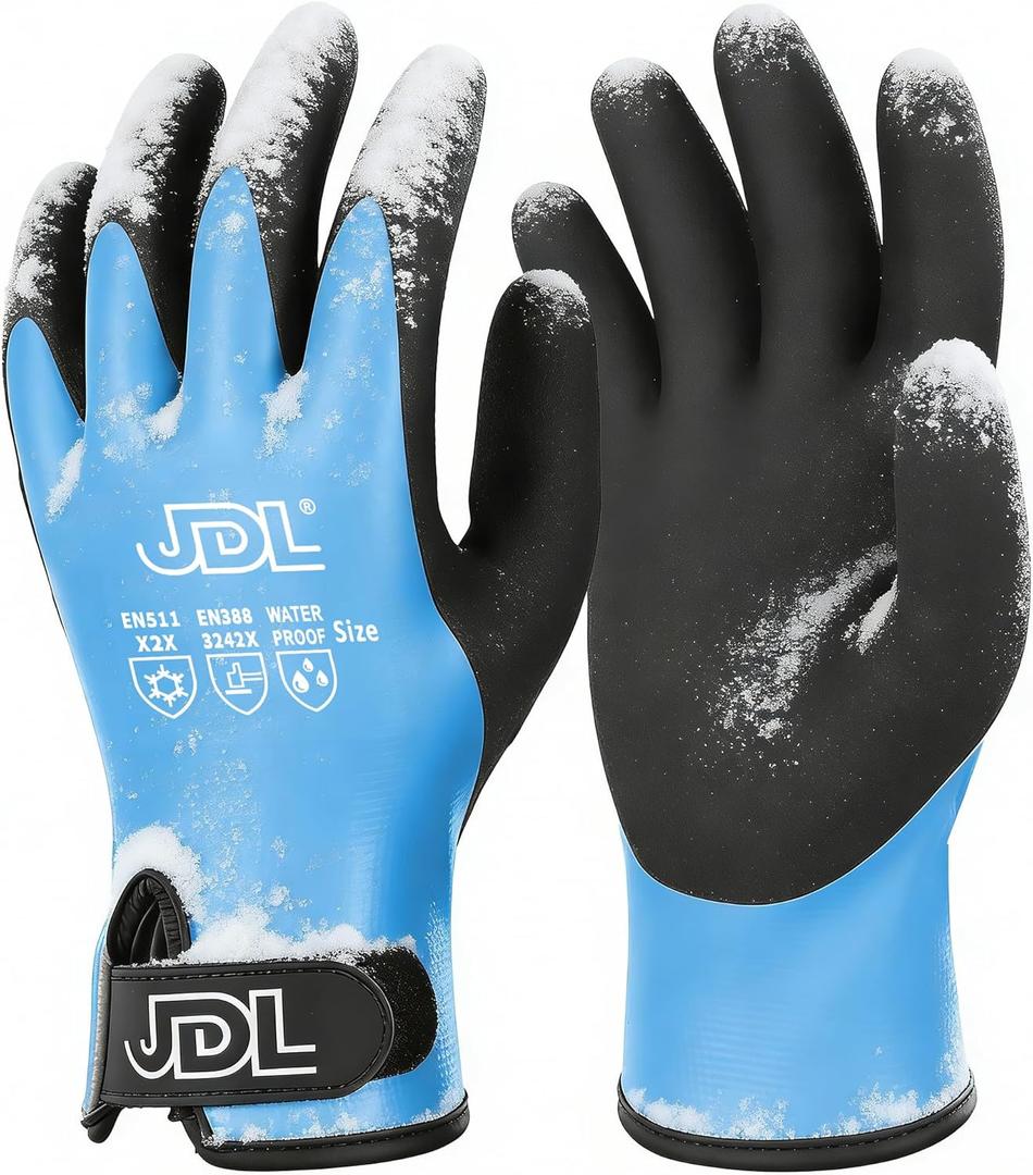 JDL 100% Waterproof Winter Work Gloves for Men & Women, Thermal Insulated Freezer Gloves for Cold Weather, Super Grip Palm, Blue, Large