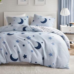 Intelligent Design Kids Cosmos Full Size Duvet Set  Blue Star and Moon Tufted Chenille, Reversible 3-Piece Bedding with Star Pillow, Full/Queen