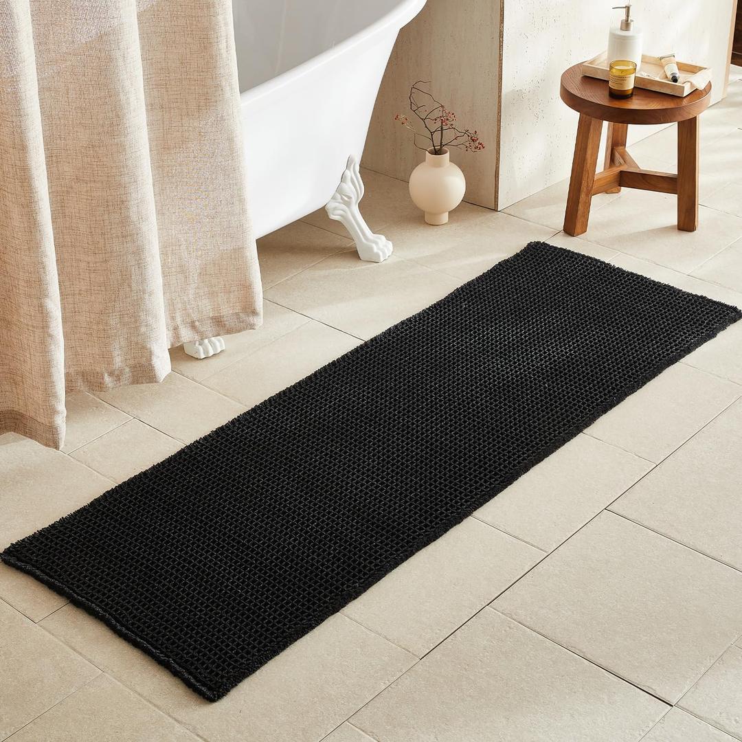 Black Long Bathroom Rug, Waffle Runner Rug Bathroom Non Slip Washable Super Absorbent Quick Dry Boho Farmhouse Bathroom Decor, 72"x24" Black