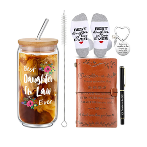 Teenyyou 5 Pcs Daughter in Law Christmas Gifts from Mother in Law 16 oz Drinking Glass, Best Daughter Ever Socks Keychain Hardcover Leather Journal with Ballpoint Pen for Birthday Mother's Day