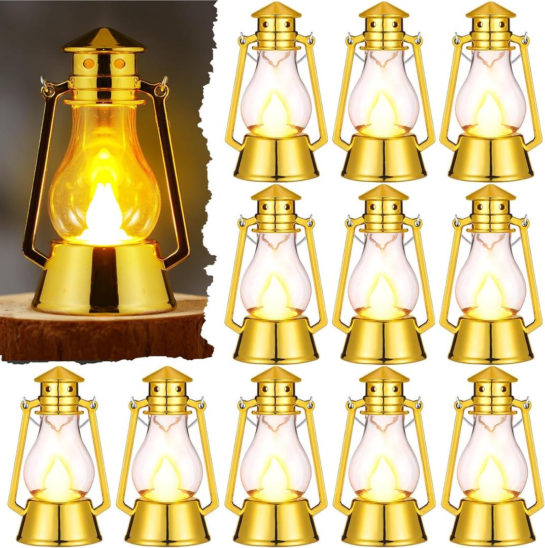 Ferraycle 12 Pcs Mini Lantern for Centerpiece Western Wedding Decor 4 Inch Camping Decorative with LED Candle Vintage Hanging Lantern Ornaments Bulk for Cowboy Cowgirl Xmas Party Decoration (Gold)