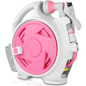 Garden Retractable Hose Reel, Portable Simple Home Hose Reel 45+5 FT with 7 Patterns Spray Nozzle, Wall Mounted and Any Length Lock for Garden Watering, Car Washing, Pet (Red Rose)