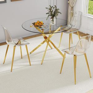 NicBex Modern 42" Dining Room Table Stylish Round Glass Dining Table with Trestle Metal Legs and Glass Tabletop for Kitchen and Living Room, Gold