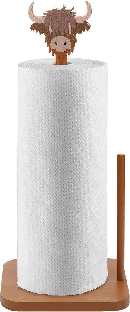 Leinuosen Brown Paper Towel Holder Cute Highland Cow Wooden Paper Towel Holder Brown Bathroom Countertop Accessories Kitchen Stand Organizer Standing Apartment Decor Housewarming Gift