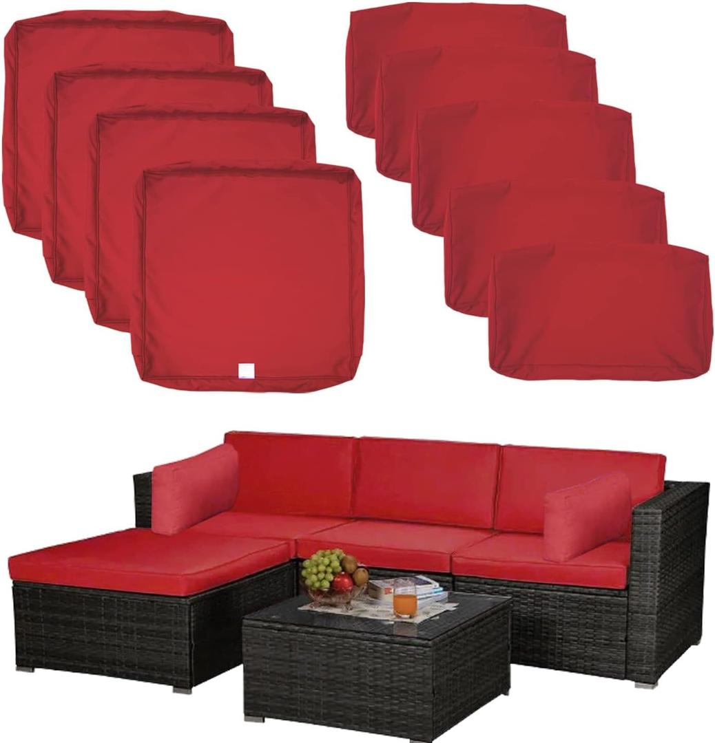 9 Pack Patio Cushion Covers Set Outdoor Furniture Cushion and Pillow Cover Replacement Fit for 5 Pieces 4-Seater Wicker Rattan Patio Sectional Sofa Chair Couch Set,Red-Cover Only (Large)
