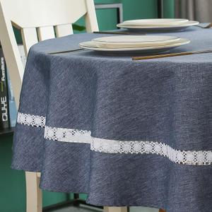 EHouseHome Heavy Duty Fabric Tablecloth with White Lace-Waterproof/Wrinkle Free/Stain Resistant/Oil Proof-for Dining,Indoor&Outdoor,Wedding,Holiday,Denim Blue,Round 70Inch