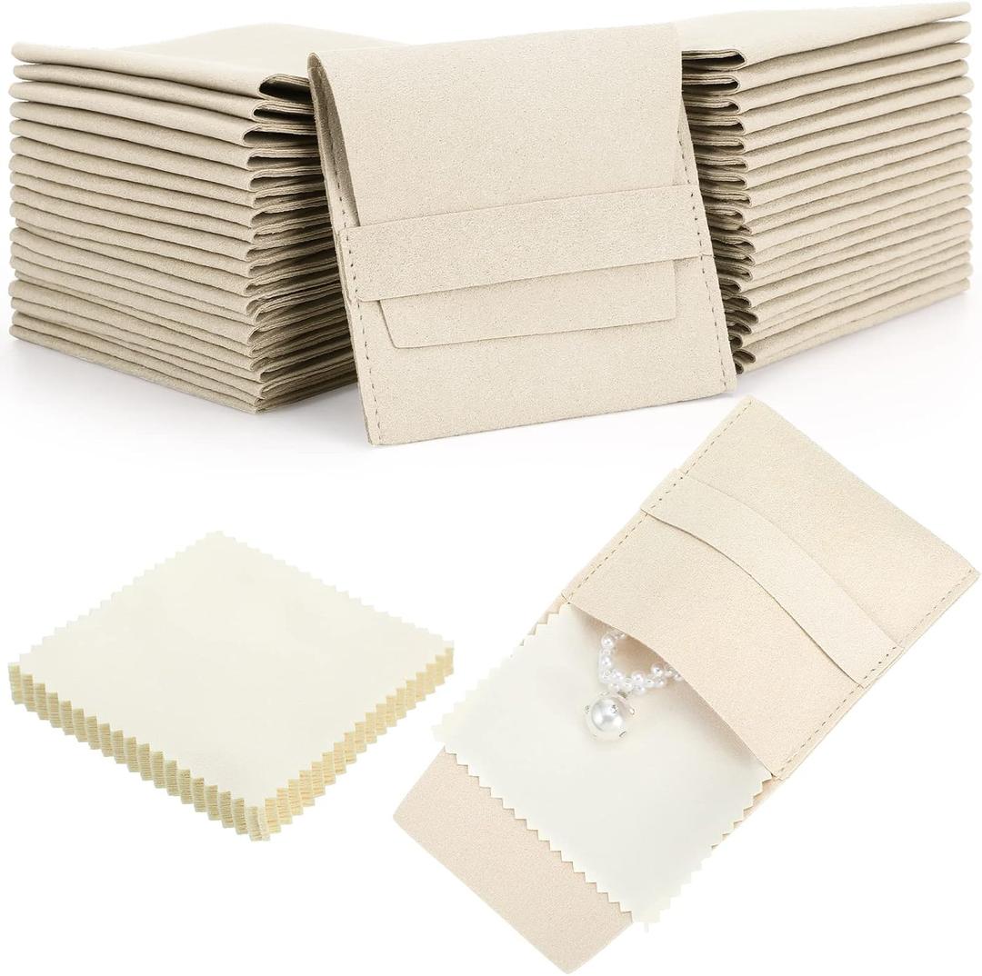 120 Pcs Microfiber Jewelry Pouch 8x8cm Packaging Bag Luxury Gift Fixed Strap Envelope Style Packaging with Cleaning Cloth(Beige)