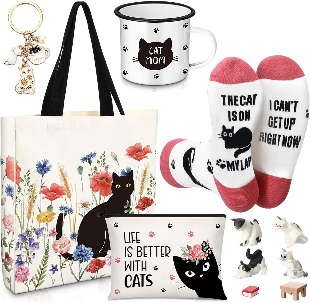 Yeyeplum Floral Cat Lover Gifts for Women Birthday Gifts Baskets Set Include Canvas Tote Bag, Makeup Bag, Socks, Keychain, Enamel Mug, Small Figurines for Mom, Wife, Sister, Friend