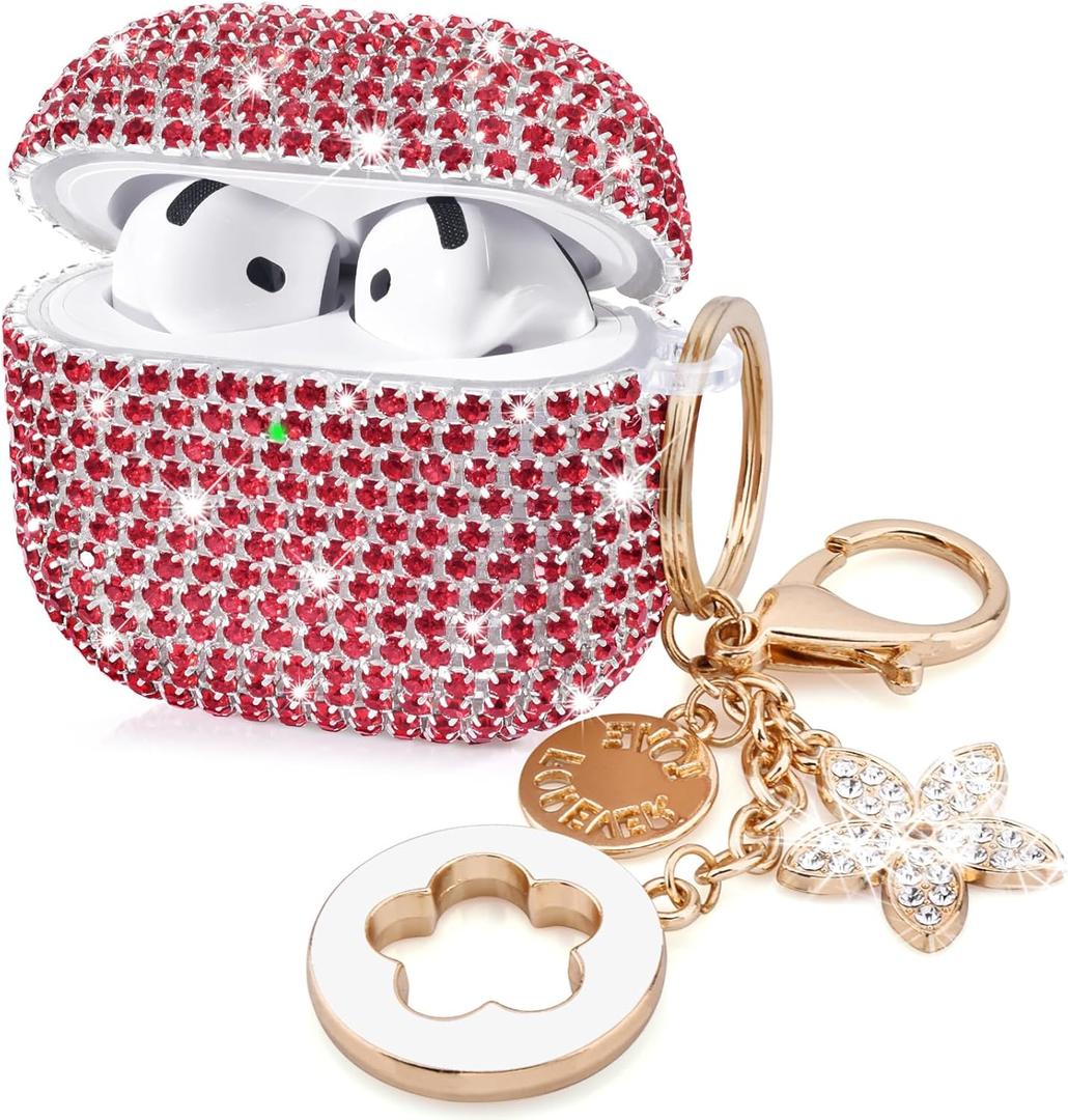 VISOOM Cute Jewelry Case for Airpods 4 Cases 2024 Cover Women, Sparkly Air pods 4 Gen Case Hard TPU Airpod Cases 4th Generation Glitter iPods 4 Cas with Bling Keychain for iPods Earbuds Airpods 4th (Christmas Red)