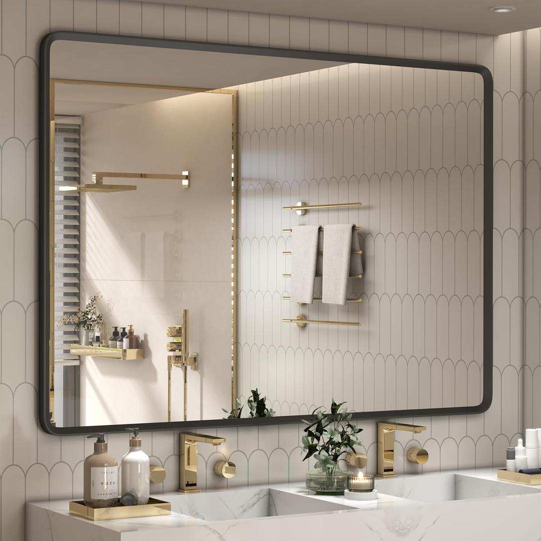 55x40 Inch Black Matte Framed Mirror for Bathroom, Rounded Rectangle Mirror, Bathroom Vanity Mirror for Wall, Anti-Rust, Shatterproof (Horizontal/Vertical)