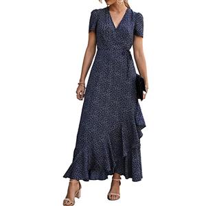 PRETTYGARDEN Women's Boho Floral Maxi Dress Summer Short Sleeve Wrap V Neck Long Flowy Beach Vacation Wedding Guest Dresses (Blue,X-Large)
