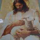 KYHDCJUB Jesus and Lamb Wall Art Jesus Saves the Lost Lamb Painting Christian Picture Wall Decor God Embraces Sheep Picture Prints Artwork for Living Room Bedroom Church 16x24 Inch Ready to Hang