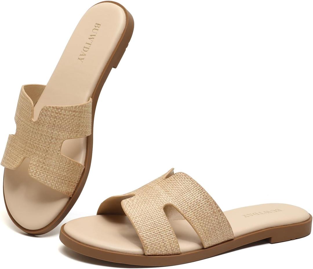 Womens Flat Sandals Dressy Summer Slides Comfortable Casual Open Toe Vacation Sandals Slip On Slides Leather Sandals for Women (8, Raffia)