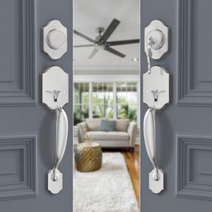 goldenwarm Double Front Door Lock Set, Brushed Nickel Double Door Handle with Dummy, Double Classic Front Door Hardware Set with Reversible Wave Handle Lever, Double Entry Door Lock Set