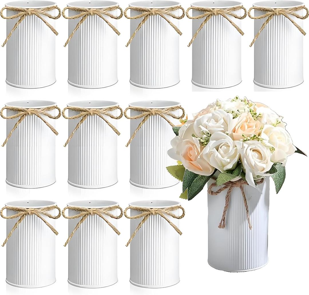 12 Pcs 4.33 Inch High Farmhouse Vase Decor, Bow with Rope Vase Decoration Galvanized Metal for Table Centerpiece Weddings Home