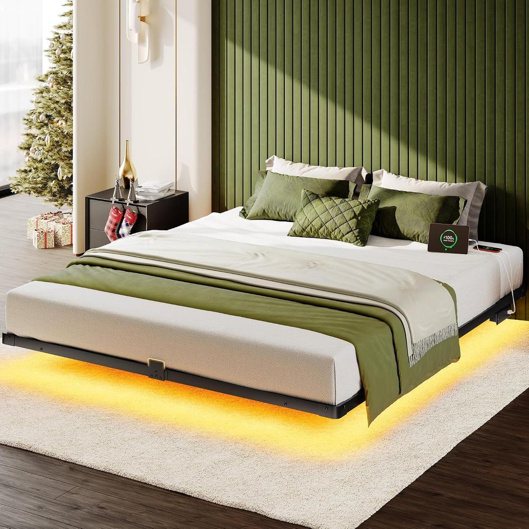 Floating Bed Frame King Size, Smart LED Lights & Charging Station, 9.45" High Clearance, Mattress Slide Stopper, Noise-Free, No Box Spring Needed, Easy Assembly