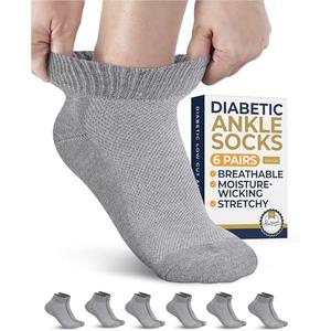 Pembrook Gray Ankle Diabetic Socks for Men & Women - 6 Pairs | Low Cut Stretch Top Men's Diabetic Sock | Ankle Moisture Wicking Neuropathy Socks for Men | Diabetic Socks for Men 9-12 