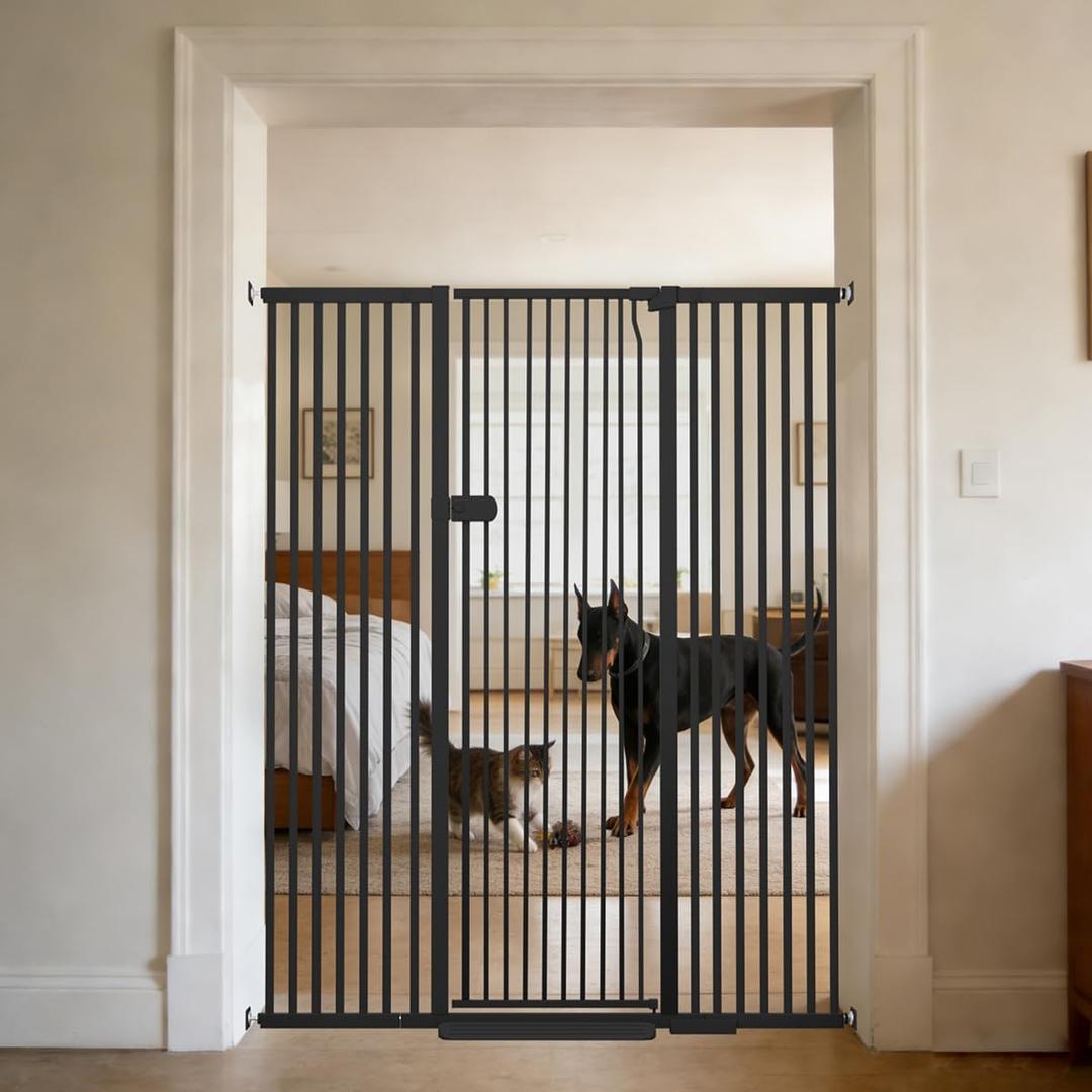 Lumizone Extra Tall Cat Gate 61.02" High Pressure Mounted 29.92"-59.44" Extra Wide 1.37" Gap No Drilling Auto-Close One-Handed Operation Tall Pet Gate for Dogs(Black, 61.02" H x 29.92"-59.44" W)