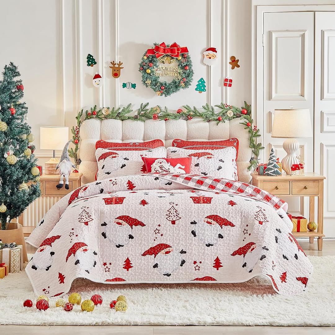 Christmas Quilt Set Queen Size 88x88 - Cream White Santa Claus n Cute Trees Stars with Red Plaid - Xmas New Year Gingham Style Microfiber Winter Bedding Coverlet Thanksgiving Holiday Bedspread