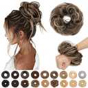 S-noilite Messy Bun Hairpiece Real Human Hair for Women Curly Wavy Tousled Updo Scrunchie Realistic Natural Messy Bun Hair Piece Highlight Black Mixed Honey Blonde