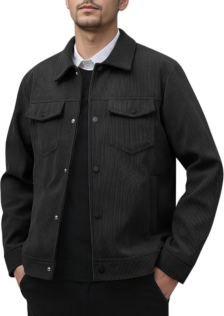 Kissonic Men's Corduroy Shacket Long Sleeve Snap Button Mens Corduroy Shirts Casual Work Jackets (Large, Black)
