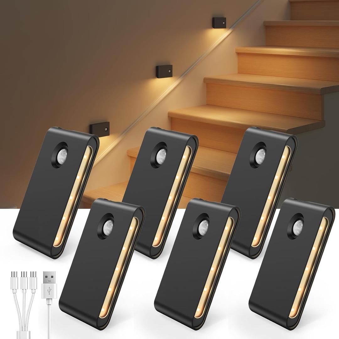 EZVALO 6 Pack Motion Sensor Night Lights, Sync LED Stair Lights Indoor, 1500mAh Rechargeable, Magnetic & Dimmable, 3000K Soft White, Portable Nightlight for Hallway, Stairs, Bathroom, Bedroom (Black)