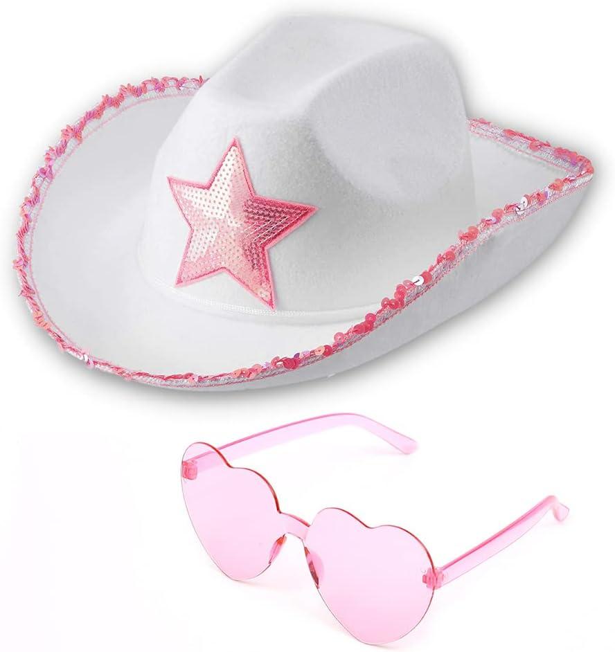 Funcredible Cowboy Hat and Glasses - Preppy Cowgirl Hat with Star - Sparkly Cowboy Hat