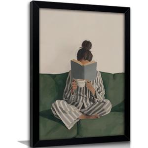 Framed Trendy Women Reading Book Wall Art Quiet Moment on The Sofa Art Prints Green Striped Painting Picture Modern Women's Minimalist Pictures Artwork for Living Room Bedroom Home office Wall Decor, 16"L x 12"W