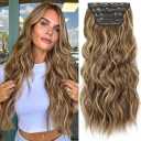 KooKaStyle Hair Extensions Medium Brown mix Caramel Blonde Clip in Synthetic Highlight Hair Extensions Long Wavy 4PCS Thick Hairpieces 20 Inch for Women