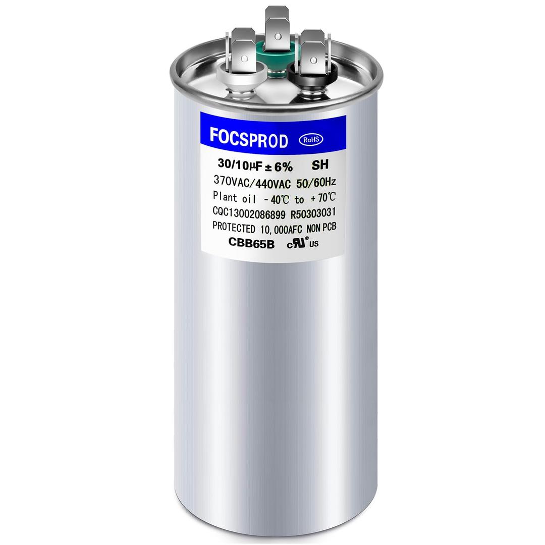 [UL Recognized] FOCSPROD 30+10 uF 30/10 MFD 6% 370V/440V CBB65B AC Capacitor, Dual Run Round Capacitor Replacement, 30 10 uF 440 Volt HVAC for AC Unit Fan Motor Start or Heat Pump or Condenser