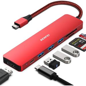 BENFEI USB C HUB 7-in-1, USB-C HUB Multiport Adapter with HDMI (4K @ 60Hz Certified)/100W Power Delivery/3*USB 3.0 5Gbps/SD/TF Card Reader (160MB/s) for iPhone 15 Pro/Max MacBook iPad Pro iMac S23 (red)