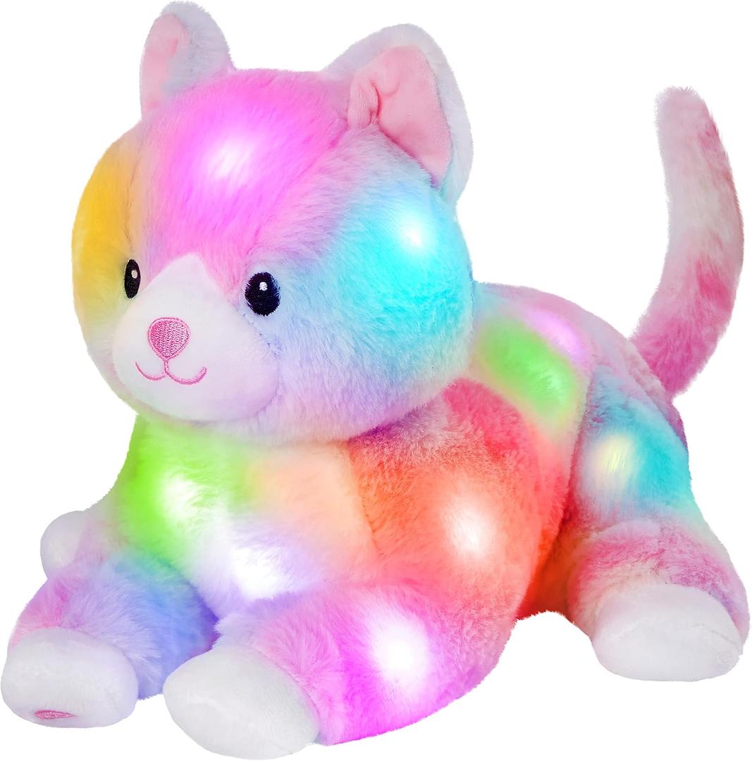 Glow Guards 13'' Lying Light up Rainbow Cat Plush Toy Rainbow Kitty Soft Stuffed Animal Bed Night Light Birthday for Toddler Kids (LED)