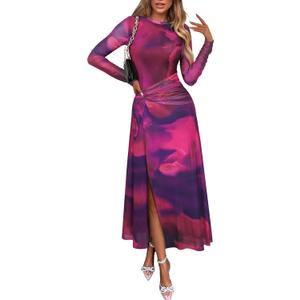 ECOWISH Long Sleeve Midi Formal Dress Women Fall Ruched Bodycon Party Cocktail Club Mesh Dresses Crewneck Floral Tie Dye Slit (Purple, S)