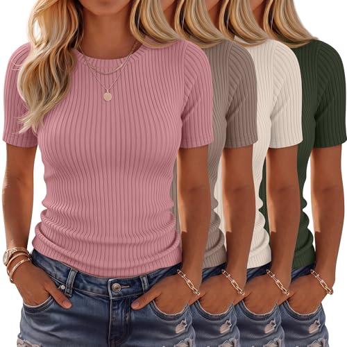 Neer 4 Pack Women’s Ribbed T-Shirts Cotton Short Sleeve Fitted Basic Tops Crew Neck Casual Shirts Summer Trendy Tees 2026 Medium