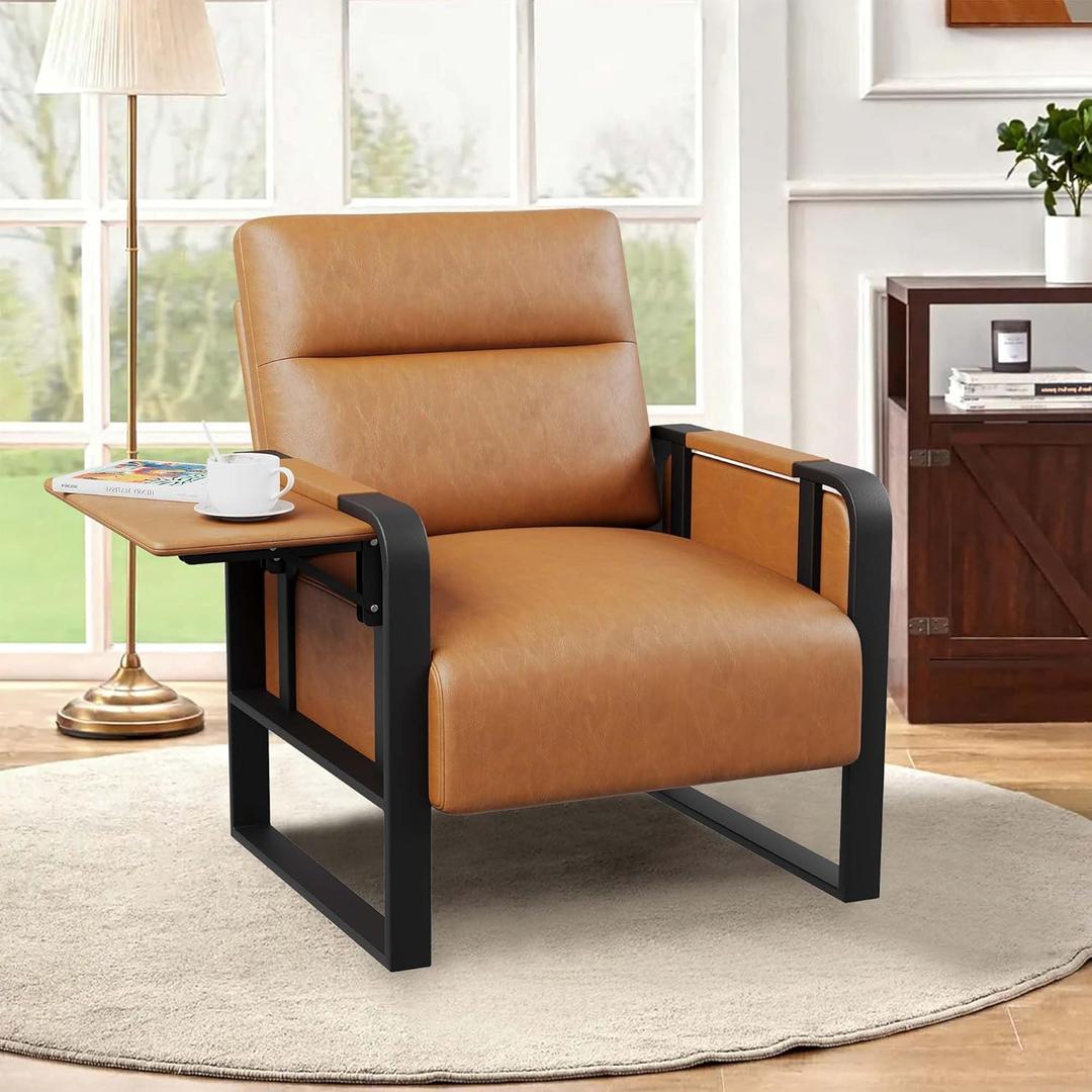 Modern Brown Accent Chair PU Leather Upholstered Armchair with Foldable Side Table for Bedroom Living Room Chairs Office Chair