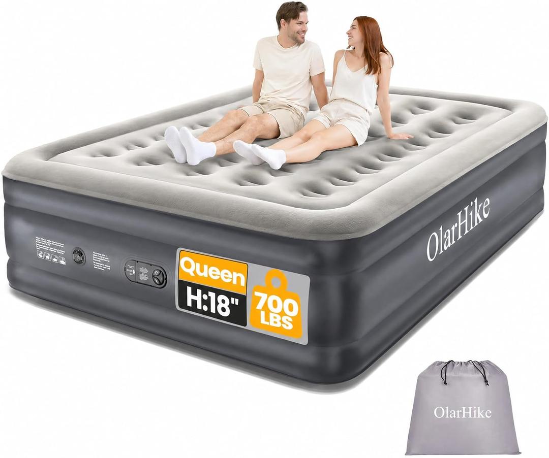 OlarHike Air Mattress Queen with Built in Pump, Inflatable Mattress Blow up Mattress, 18" Colchones Inflables Foldable Air Bed for Guest & Home, Ideal for Camping, 700lbs