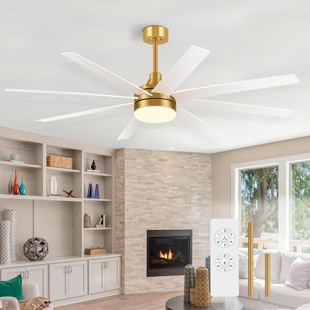 65 Inch Ceiling Fan with Light and Remote, 8-Blade, Reversible DC Motor, 6-Speed, Timer, Industrial Ceiling Fans with Led Light Chandelier for Bedroom Office (Gold & White)