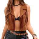 BEAUDRM Women's Tassel Vest 70s Hippie Faux Jacket Open Front Fringe Sleeveless Crop Vest Cowgirl Outfit