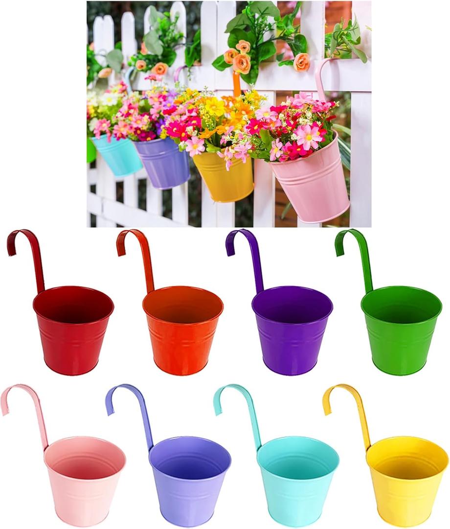 8 Colours Metal Hanging Flower Pots, 6.3" Hanging Flower Buckets on Hooks, with Drainage Hole (8 Pack, L)