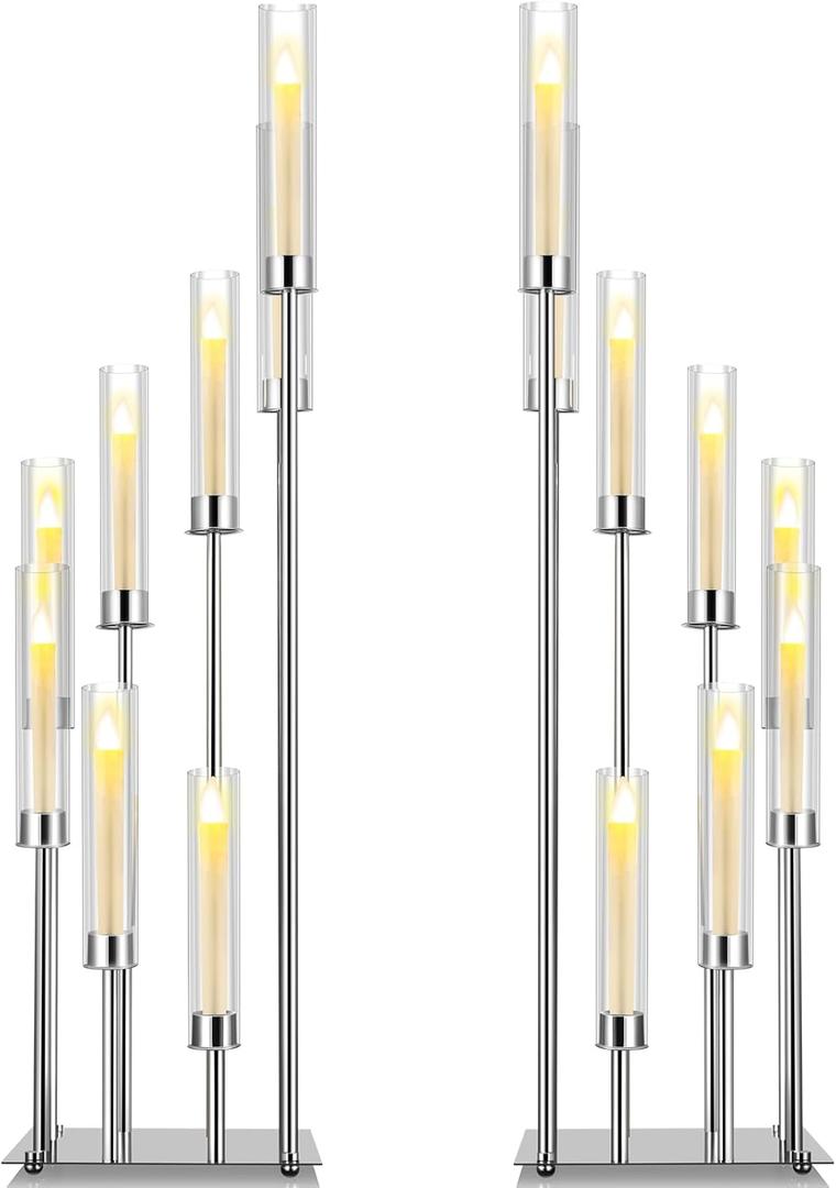 Dandat 41.5" Tall Floor Candelabras, 8-arm Cluster Standing Candle Holders with Clear Acrylic Shades, Silver Wedding Centerpiece Candelabra for Flameless/LED Taper Candles, Party & Event Decor(2 Pack)
