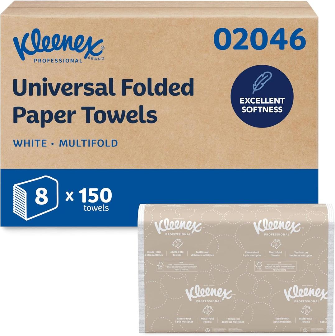 Kleenex Professional Multifold Paper Towels, Bulk, 8 x 150 Sheets (02046)
Universal, Premium Tier, Absorbency Pockets, White, Compatible with Universal Folded Towel Dispensers