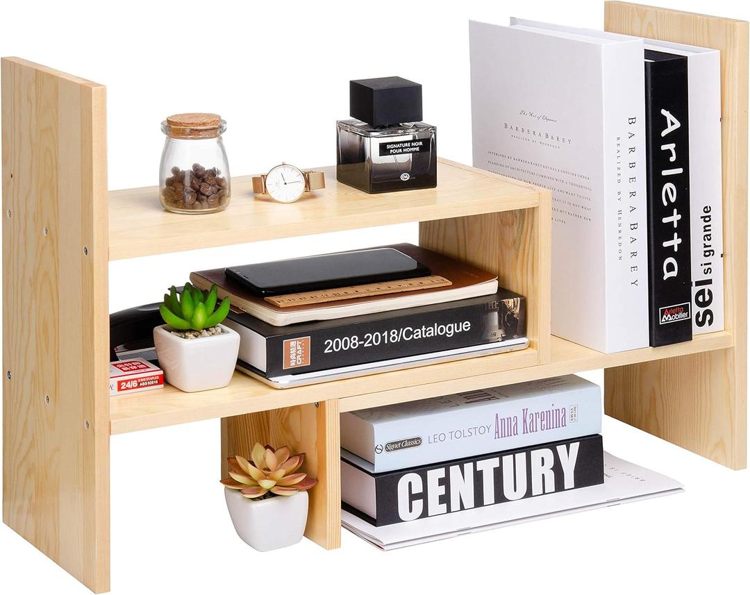 VERGOODR Desktop Organizer Office Storage Rack Adjustable Natural Wood Display Book Shelf Stand Rack Wood Caddy Desk Organizer Set Office Storage Expandable Tabletop